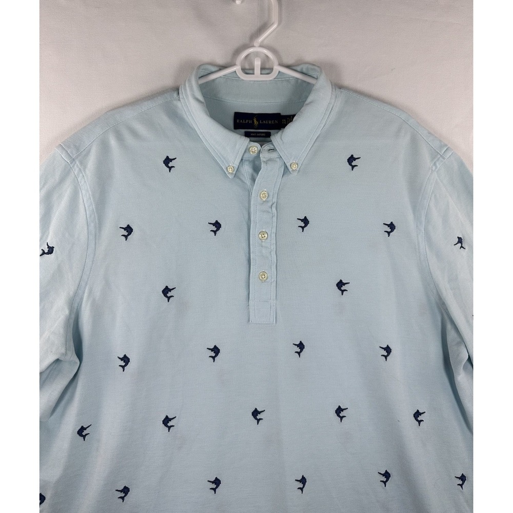 Polo Ralph Lauren Shirt Mens 2XL Blue Knit Oxford Hampton Embroidered Marlin AOP
